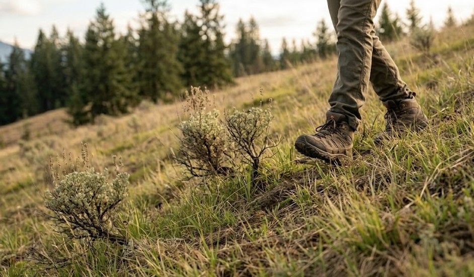 Prospective buyer evaluating slope and drainage on a Washington land parcel