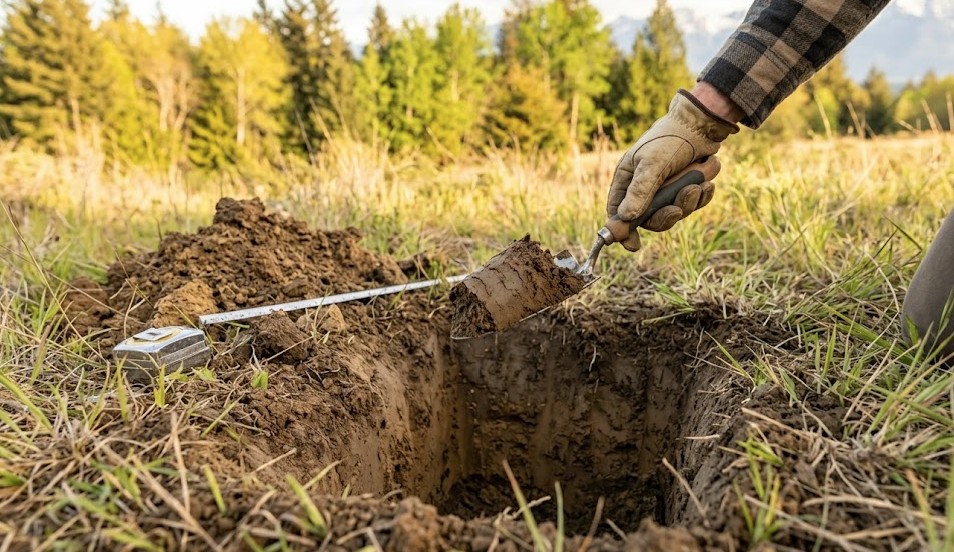 Perc test hole on rural Washington land for septic feasibility evaluation
