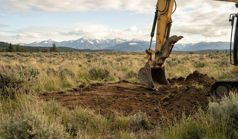 Site development and grading on raw Washington land before home construction